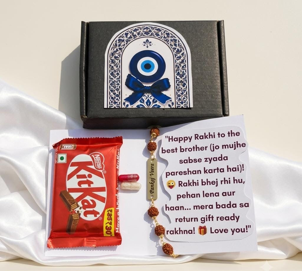 Personalized Evil Eye Rakhi Gift Hamper for Brother | Custom Name Rakhi with Greeting Card, Chocolate & Premium Gift Box