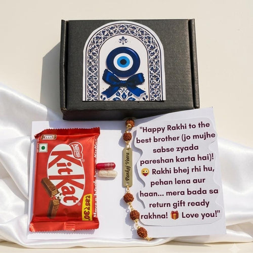 Personalized Evil Eye Rakhi Gift Hamper for Brother | Custom Name Rakhi with Greeting Card, Chocolate & Premium Gift Box