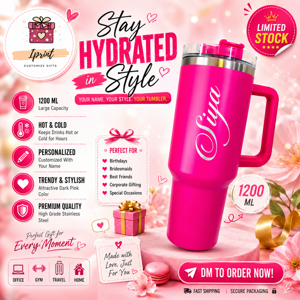 Personalized 1200 ML Stainless Steel Thermo Tumbler – Dark Pink