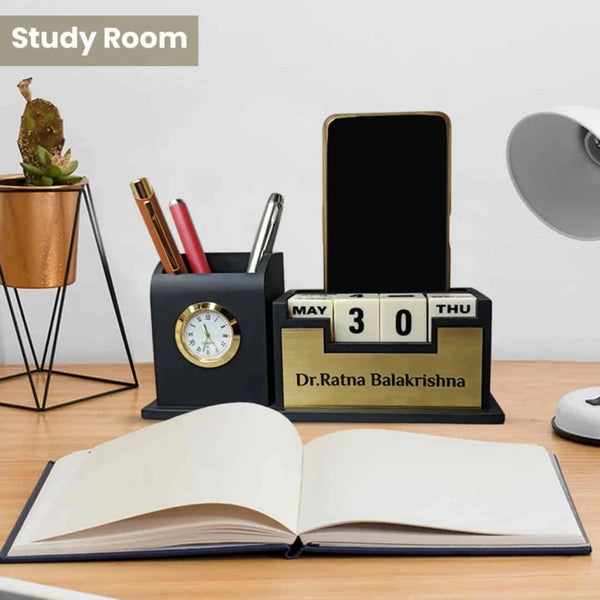 Personalized Wooden Clock Pen Stand