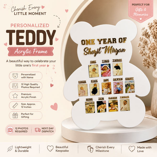 Personalized Teddy Acrylic Frame with 12 Monthly Photos