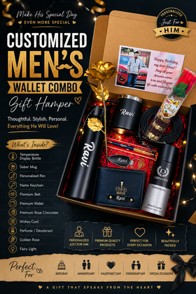 Customized Men’s Wallet Combo Gift Hamper with Name Print | Birthday Gift for Him
