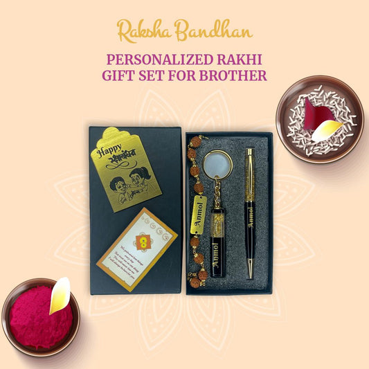 Customised Rudraksha mala Rakhi with Golden Pen And Keychain set