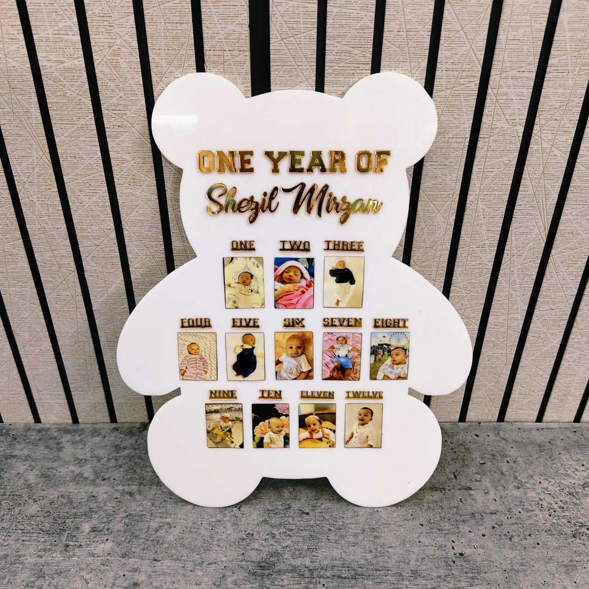 Personalized Teddy Acrylic Frame with 12 Monthly Photos