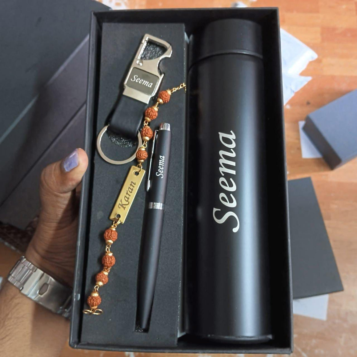 Personalized Premium Gift Set with Bottle, Pen & Keychain with Rakhi