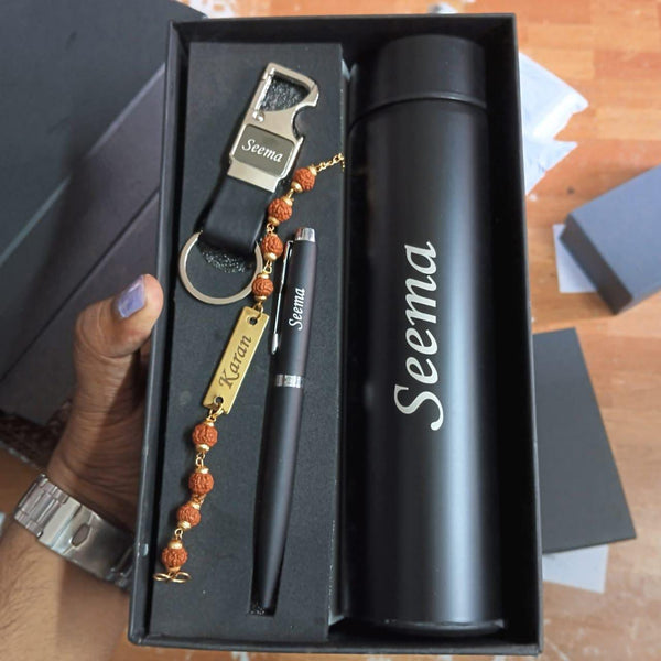 Personalized Premium Gift Set with Bottle, Pen & Keychain with Rakhi