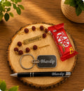 Personalized Rudraksha Rakhi Gift Set with Name Keychain & Pen