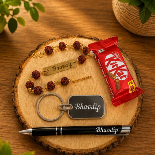 Personalized Rudraksha Rakhi Gift Set with Name Keychain & Pen