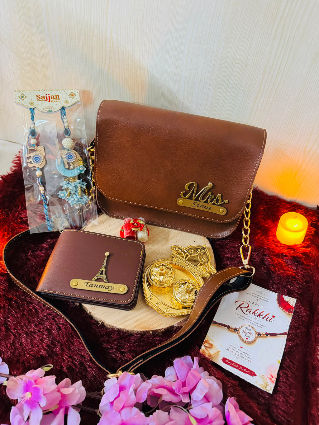 Personalized Rakhi Gift Combo for Bhaiya & Bhabhi – Custom Name Wallet & Personalized Sling Bag with Rakhi, Greeting Card & Roli Chawal