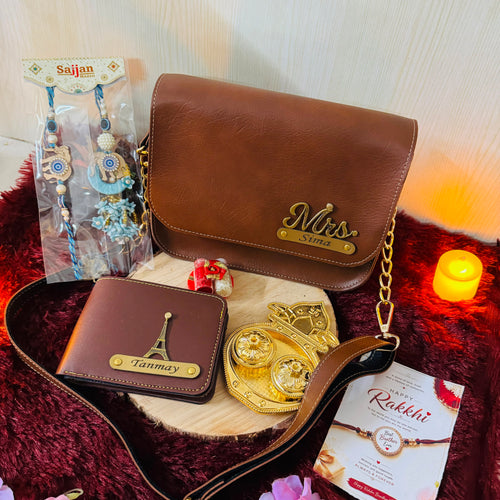 Personalized Rakhi Gift Combo for Bhaiya & Bhabhi – Custom Name Wallet & Personalized Sling Bag with Rakhi, Greeting Card & Roli Chawal